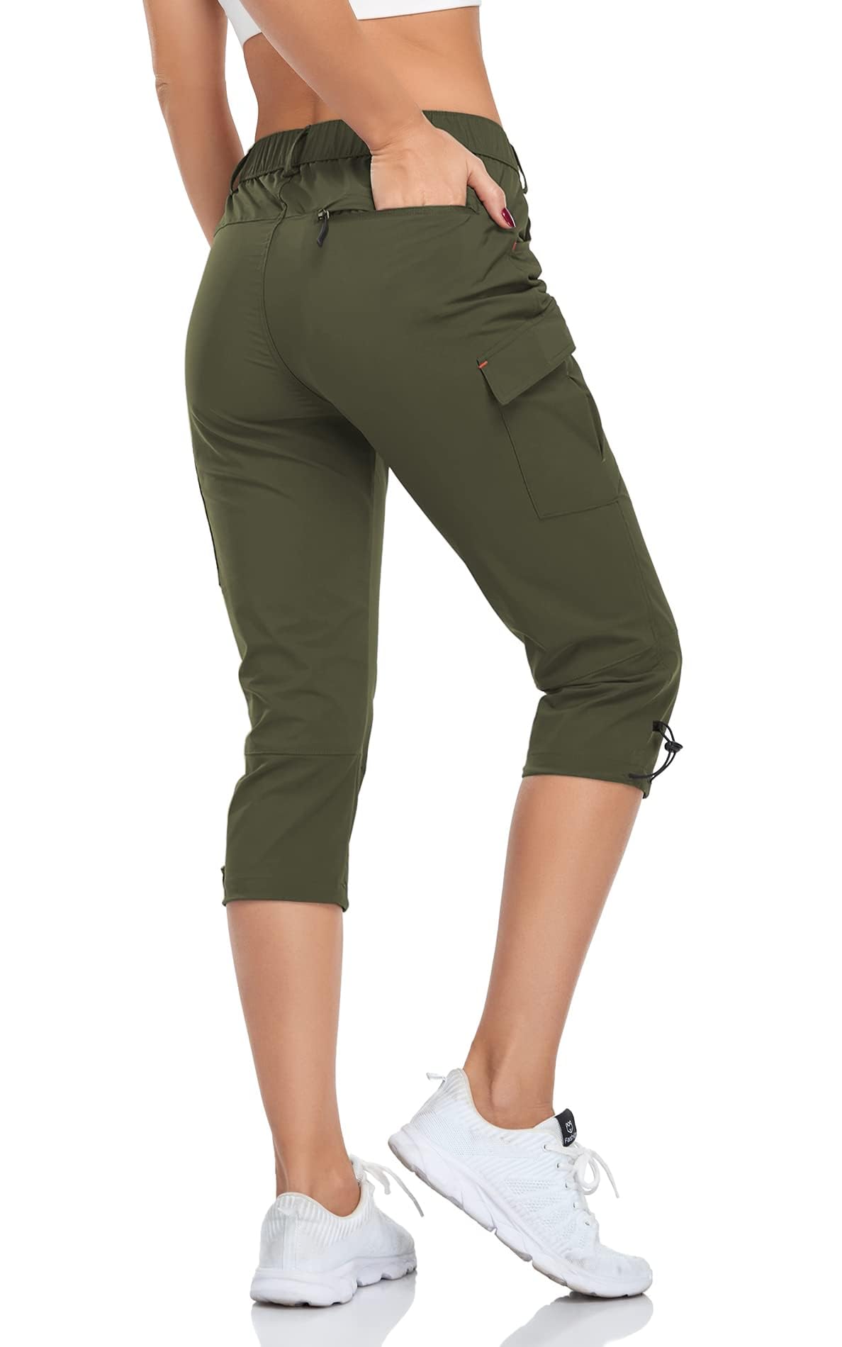 GYMBRAVE Women's Hiking Cargo Pants Quick Dry Outdoor Camping Capris Water Resistant UPF 50 with Zipper Pockets Armygreen