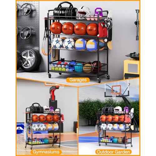 Garage Sports Equipment Organizer - Rolling Ball Storage Bin with Wheels, Garage Sports Gear Rack Outdoor Basketball Racks for Balls with Baseball Bat Holder and Hooks, Toy Organizer