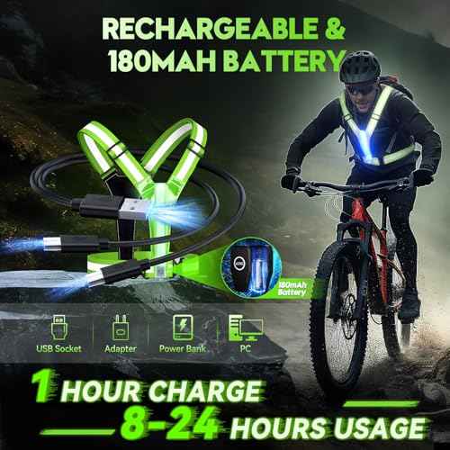 LED Reflective Vest Running Gear, High Visibility Reflective Running vest, 5 Lights Colors Rechargeable Safety Running Vests for Walking Running Cycling Jogging, Adjustable for Men Women Kids