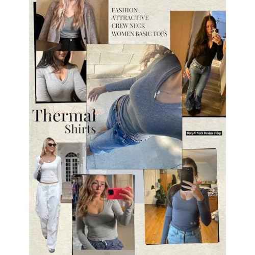 Ekouaer Deep V Neck Shirts for Women Long Sleeve Thermal Tops Slim Fit Lightweight Undershirts Soft Low Cut Tees XS-XXL