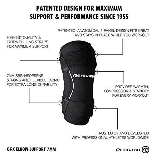 Rehband X-RX Elbow Support, 1 piece, elbow compression 7mm neoprene, weighltifting workout, Colour:Black, Size:Medium, Side:Right
