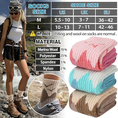 Women's Merino Wool Hiking Socks - Thermal Winter Boot Crew Cushion - Medium, Dark Coffee, Dark Green, Dark Gray, Pink, Blue