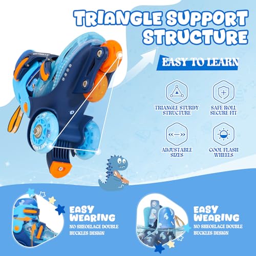 Kids Adjustable Dino Roller Skates with Glowing Wheels - XS-Small (8C-11C US)
