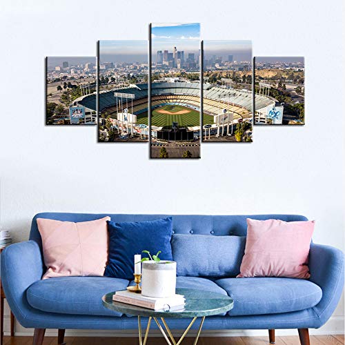 TUMOVO 5 Piece Los Angeles California Panoramic Skyline Cityscape Aerial Over Dodger Stadium Print On Canvas Wall Artwork Modern Photography Home Decor Stretched and Framed Ready to Hang - 60''Wx32''H
