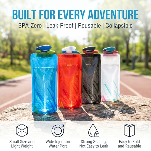 Colorful 4-Pack Collapsible Water Bottles 20oz - Leakproof & Portable for Travel, Hiking, Sports