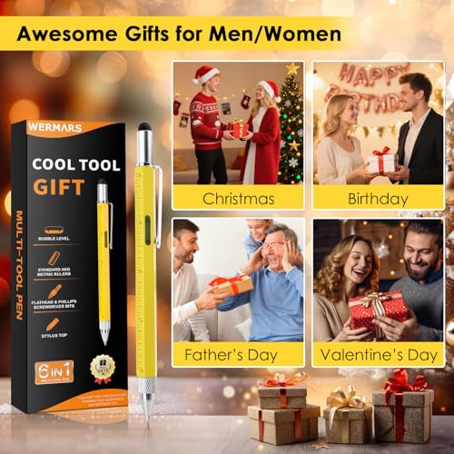 Yellow 6-in-1 Multitool Pen Gift for Men and Dads - Stocking Stuffer