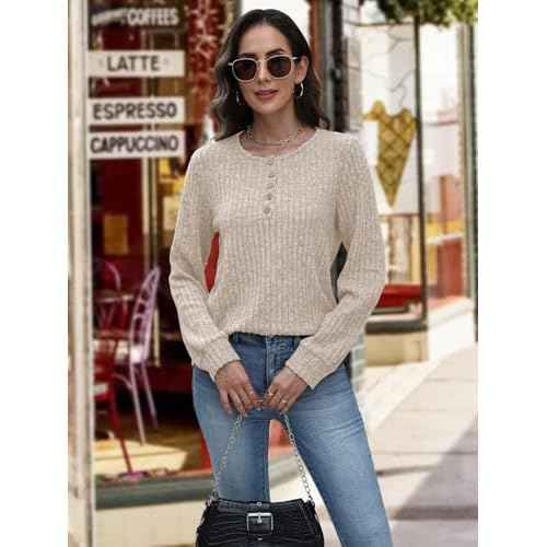 MixShe Womens Henley Sweaters 2025 Fall Winter Ribbed Knit V Neck Button Pullover Long Sleeve Tops