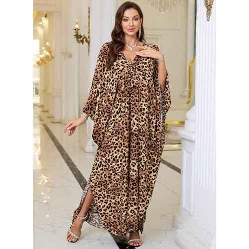 Women Kaftan Dresses Plus Size V-Neck Batwing Sleeves Beach Cover Up 2025 Summer Floral Print Caftan Dress