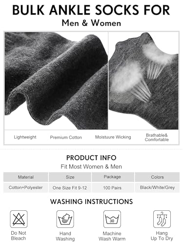 Men's Moisture-Wicking Ankle Socks Bulk Pack - Black, White & Gray, Size 9-12