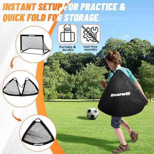 Bearwill Soccer Goal, Kids Soccer Goals for Backyard Set of 2, 4x3ft Portable Soccer Goal Pop Up Soccer Net, Kids Soccer Net Training Equipment with Soccer Ball, Ladder, Cones, Targets