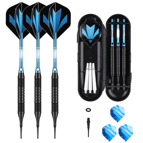 Blue Rainbow Soft Tip Darts Set 18g 21g with Aluminum Shafts & O-Rings - Electronic Dartboard
