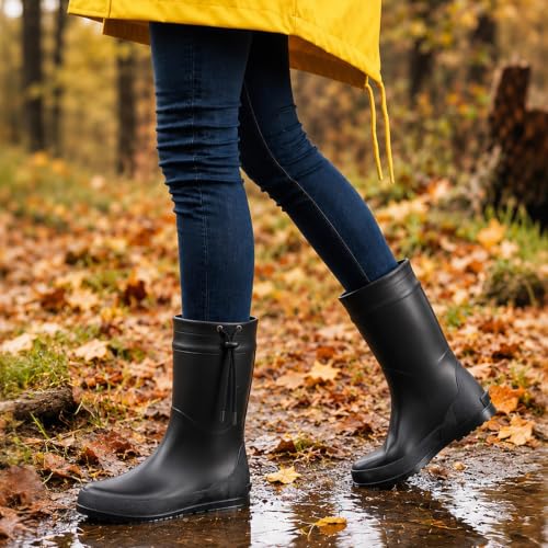 Asgard Women's Mid Calf Rain Boots - Lightweight Gardening Shoes, Black, 8-8.5 / 9.8" Shaft
