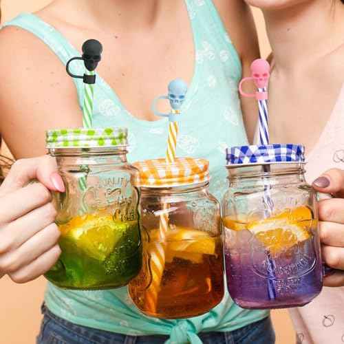 Stanley Cup Skull Straw Toppers - 6pcs Cap Covers for Drinking Straws, Halloween & Christmas Gifts