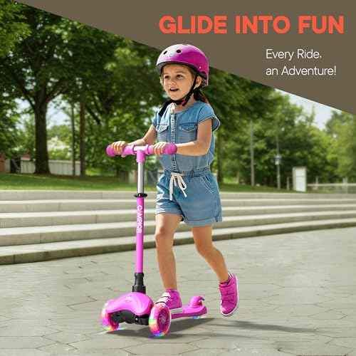 Pink Mini 3 Wheel Scooter for Kids ? Lean-to-Steer with LED Light-Up Wheels, Adjustable Handlebar, Wide Anti-Slip Deck, Smooth PU Wheels, Rear Foot Brake ? Toddler Scooter for Ages 2+
