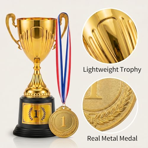 1st Place Trophy and Medal Set - Gold Plastic Trophy with Medal for Sports and School Awards