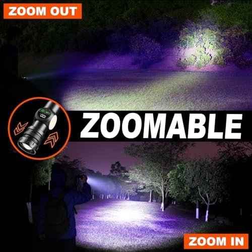 4 in 1 Rechargeable 6500K / 395nm UV Flashlight Dimming Stepless True 5000 Lumens IP45 Zoomable Beam UV Light, 5000mAh Halloween LED Flash Light with Magnet Power Failure