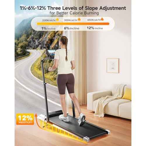 Walking Pad Treadmill with 12% Incline, 6 in 1 Folding Treadmill with Adjustable Handle Bar for Home/Office, Under Desk Treadmills Portable Walking Pad with App, Remote Control & LED Display