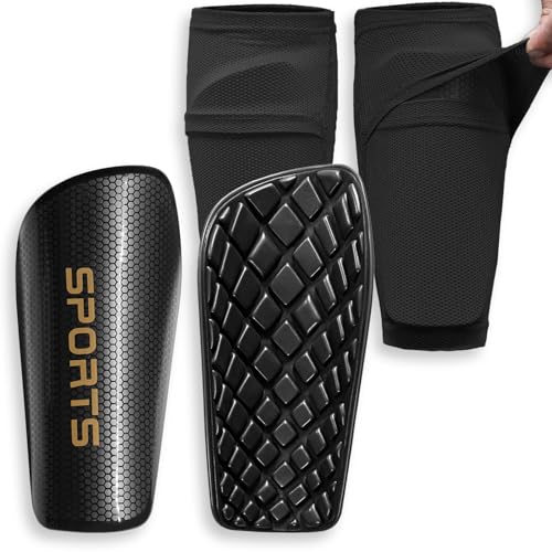 Kids & Adults Soccer Shin Guards with Sleeves - Black, Medium (4'3"-4'11" Tall)