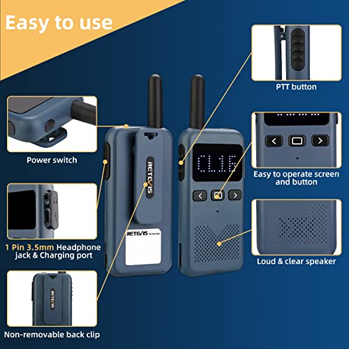 Compact Rechargeable Walkie Talkie for Adults - 22 Channels, Long Battery Life