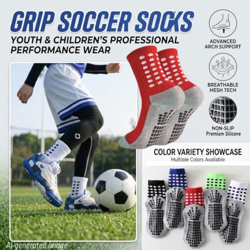 Kids Soccer Grip Socks 10-12 Years Black White 6 Pairs Cushioned Non Slip Athletic Socks for Boys
