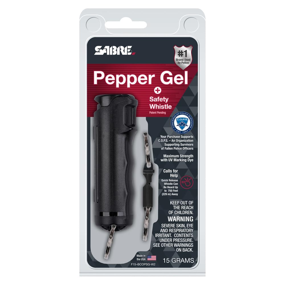 SABRE 2-in-1 Pepper Gel with Detachable Safety Whistle Keychain, 3X longer spray time, 12-Foot, Whistle for Help and Can Be Heard Up to 750 Feet, UV Marking Dye, Ergonomic Finger Grip, Flip Top Safety