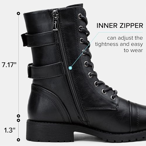 Women's Lace Up Mid Calf Combat Boots with Pocket - 8.5 / A-High Combat-Black