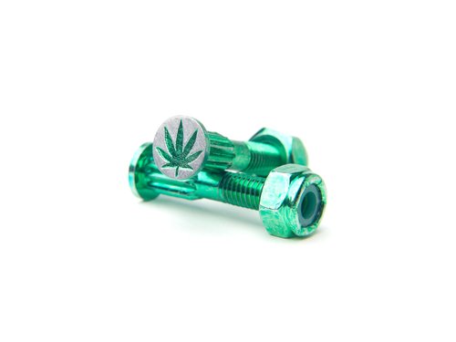 SCREW CITY Skateboard Hardware Set – 8 Bolts & 8 Nuts (1") – Anodized Green Coating, Half-Threaded, Iron Made – Polished Finish – Fits Skateboards & Cruisers – Durable Mounting Kit – Sweet Leaf Design