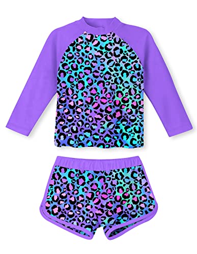 Girls 2-Piece Rash Guard Swimsuit Long Sleeve Tankini for 4-10Y - Leopard Purple, 6-7 Years