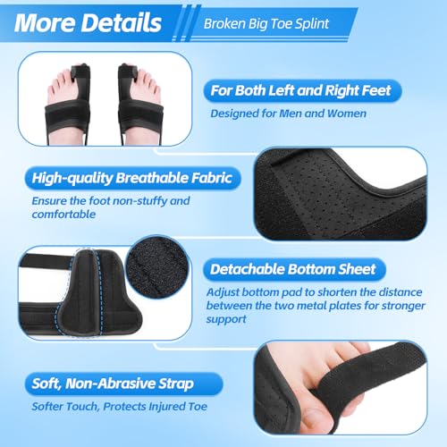 Broken Big Toe Splint Brace, Turf Toe Brace Support for Broken, Fracture, Sprains, Arthritis, Women & Men, with 2 Detachable Metal Plates - Right