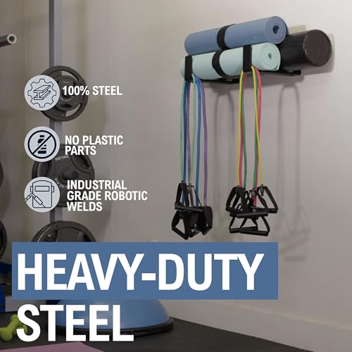 X-Large Yoga Mat Wall Mount Rack Holds 3 Mats Foam Roller Storage Black