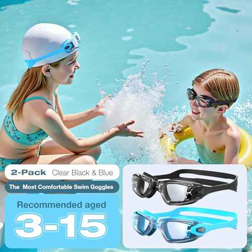 EasYoung Kids Swim Goggles, 2-Pack Swimming Goggles for Kids 3-15, Anti-fog Clear Lens Swimming Goggles for Child Youth.