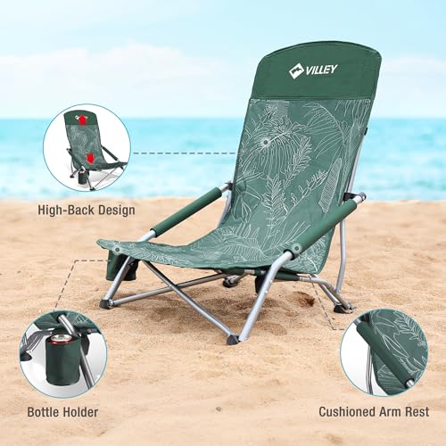 Vintage Green Leaves Folding Beach Chair for Adults - Lightweight & Portable