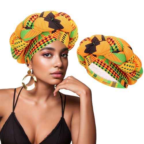 XEPST African Turban Head Wraps Big Braid Cross Turban Hat for Women, Printed Head Wrap Pre-Tied Stretchy Soft Fashion Headwear for Women, Yellow