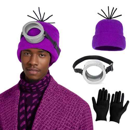 3pcs Purple Fashion Beanie Hat One Eye Steam Vintage Eyewear Black Gloves Cosplay Accessories