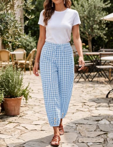 Women's Plaid Pants with Pockets Casual Button Capris Elastic Waist