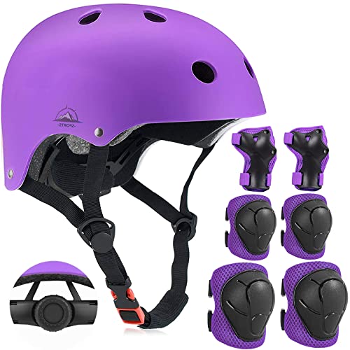 Purple Kids Helmet with Knee Pads Elbow & Wrist Guards - Toddler Bike Safety Gear for Ages 8-14