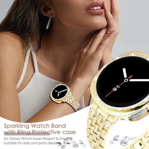 Galaxy Watch 8 40mm Gold Band & Case Set - Rhinestone Diamond Metal Bracelet with Protective Cover