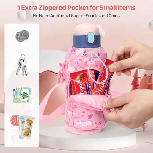 Water Bottle Carrier for Kids - Water Bottle Holder Sling Bag with Adjustable Strap, Girls Water Bottle Bag for 10/12/14/16/18Oz Water Bottles Walking Hiking Trip Camping, Pink Unicorn
