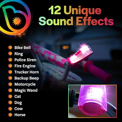 Pink LED Bike Horn with 12 Sound Effects & Color Changing Lights - Handlebar Mount, Weather Resistant