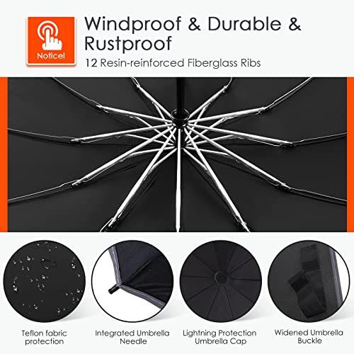 Large Windproof Inverted Umbrella with Reflective Stripe - Travel Folding Rain Sun Cover for Women Men - 46 Inch Black