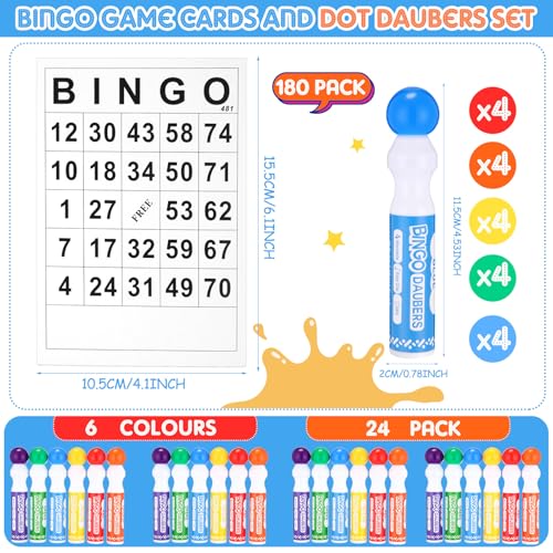 Bingo Card and Dauber Set with 180 Cards and 24 Colorful Markers