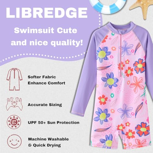 Girls Long Sleeve Rash Guard One‑Piece Bathing Suit - Pink Sunflower, 6 Years