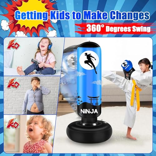 Kids Inflatable Punching Bag with Gloves - Blue, 66" Boxing Set for Ages 5-12
