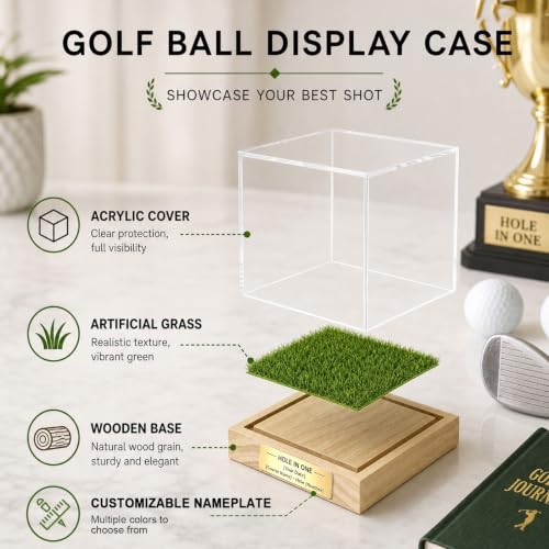Custom Golf Ball Display Case with Engraved Nameplate & Putting Green Base