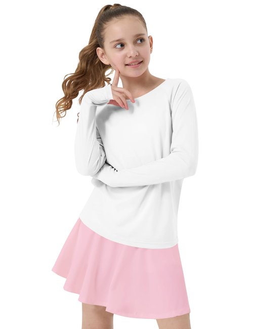 CHALLMOTI Girl's Rash Guard Swim Shirts Sun Shirt UV Protection Long Sleeve Tops Quick Dry Lightweight UPF 50+ White M