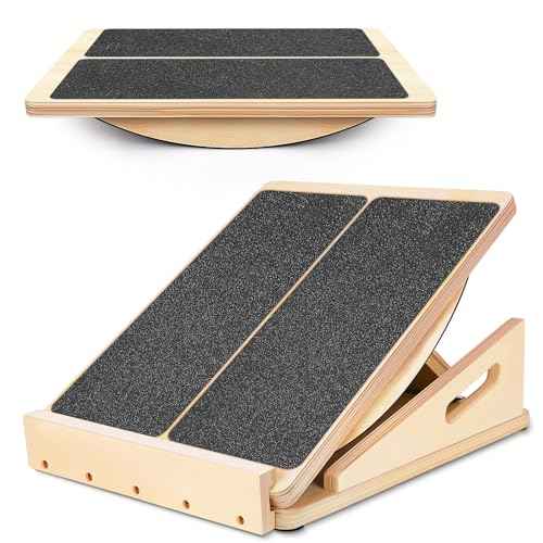 2-in-1 Professional Wooden Balance Board & Slant Board, Four Adjustable Incline Board and Calf Stretcher, Stretch Board for Knees Ankle Heel Feet Leg