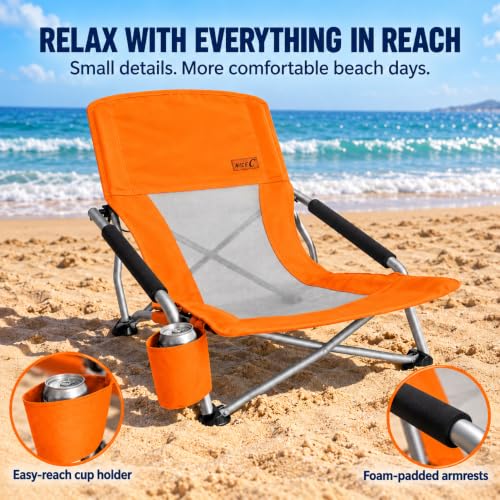 Portable Low Beach Folding Chair with Cup Holder - Orange, Comfortable & Durable