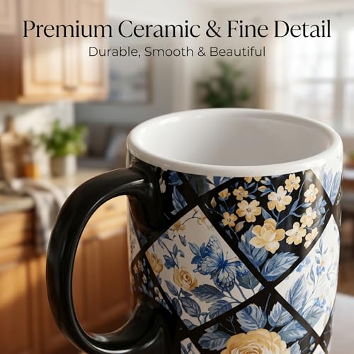 Travel Mug 17oz Diamond Floral Ceramic Coffee Cup with Blue Rose Design - Geometric Floral Variation