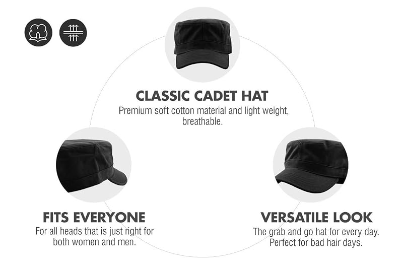 Cadet Army Cap with Stash Pocket - Small Black Everyday Flat Top Hat