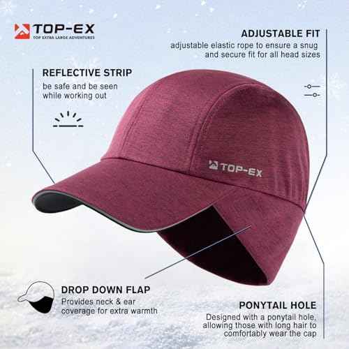TOP-EX M/L/XL Unisex Water-Repellent Baseball Cap with Ear Flap Ponytail Hole Reflective Winter Hat Fleece Lining Hat